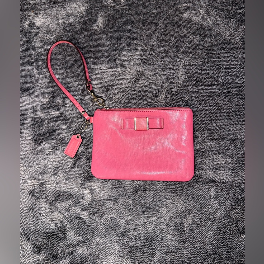Coach Darcy Bow Saffiano Leather Wristlet in Strawberry